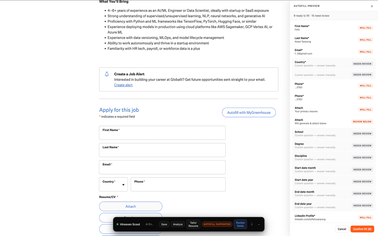 Hireoven autofill drawer pre-filling an application form with field-by-field review controls