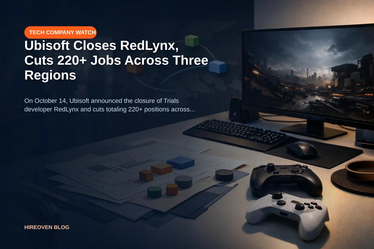 Minimalist gaming studio workspace with monitor, controllers, and design documents on desk