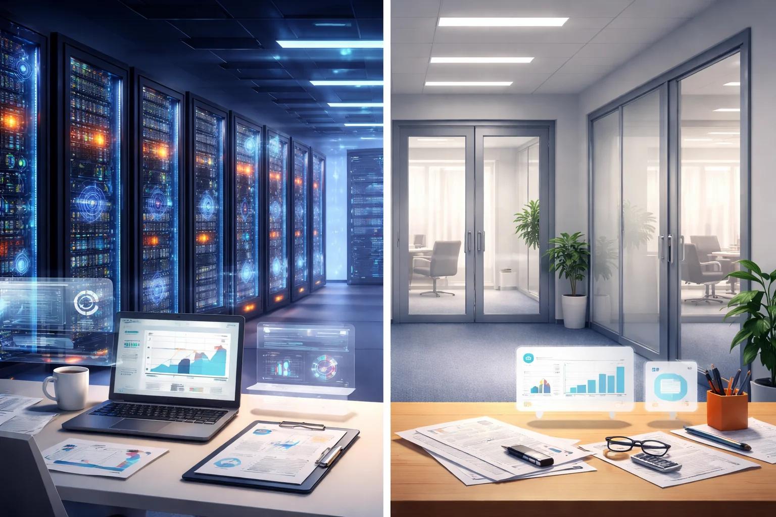 Data center contrasted with empty office representing big tech's 2026 shift to AI infrastructure spending over hiring