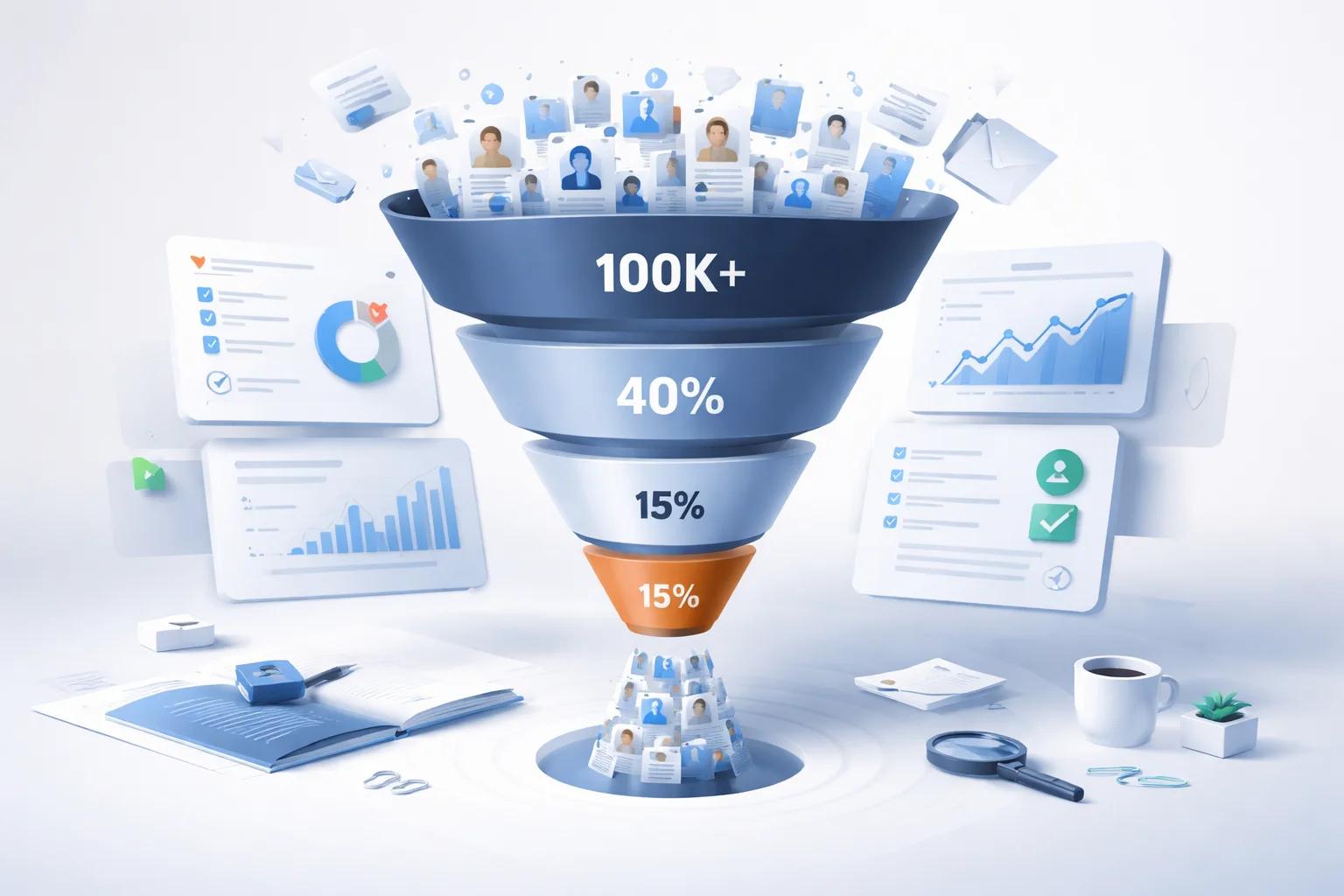 Illustration of a narrowing selection funnel showing H-1B cap competition