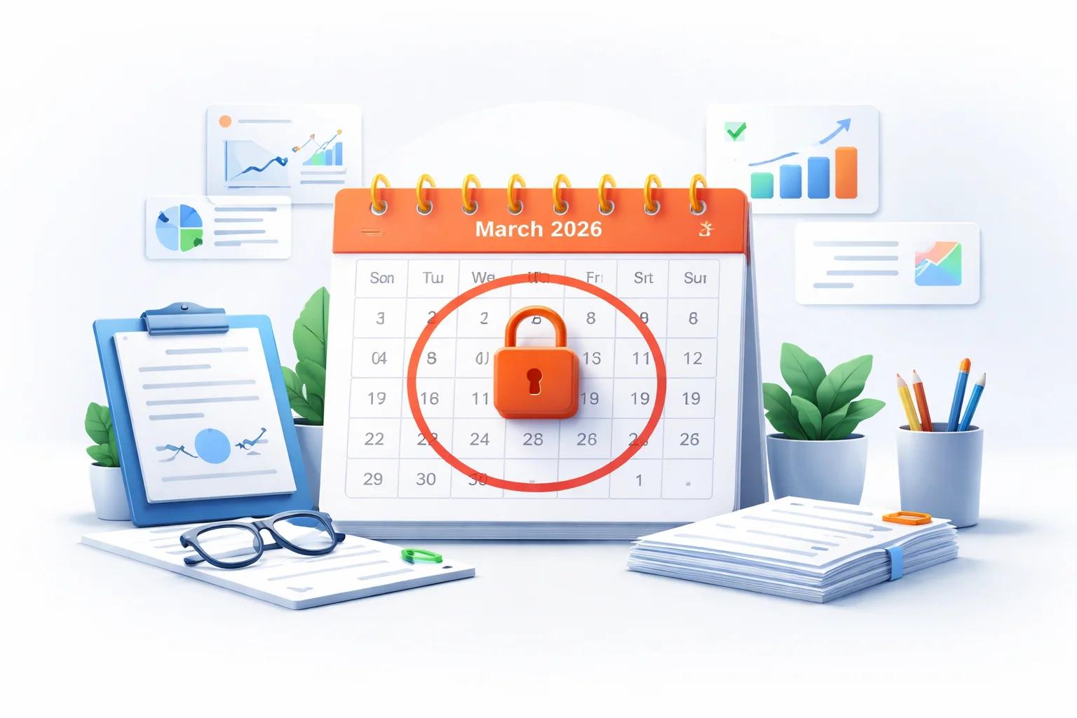 Closed padlock over a calendar showing the March 2026 H-1B registration period, symbolizing the filled cap.