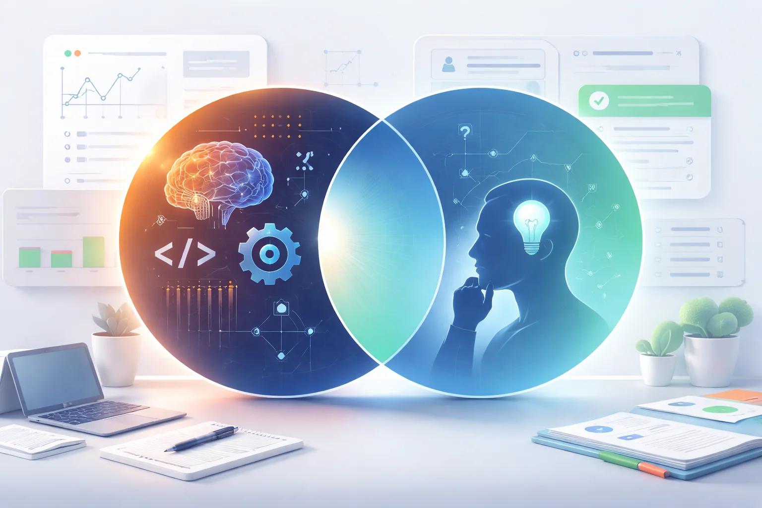 Overlapping circles showing AI tools and human thinking symbols, representing modern tech interview formats