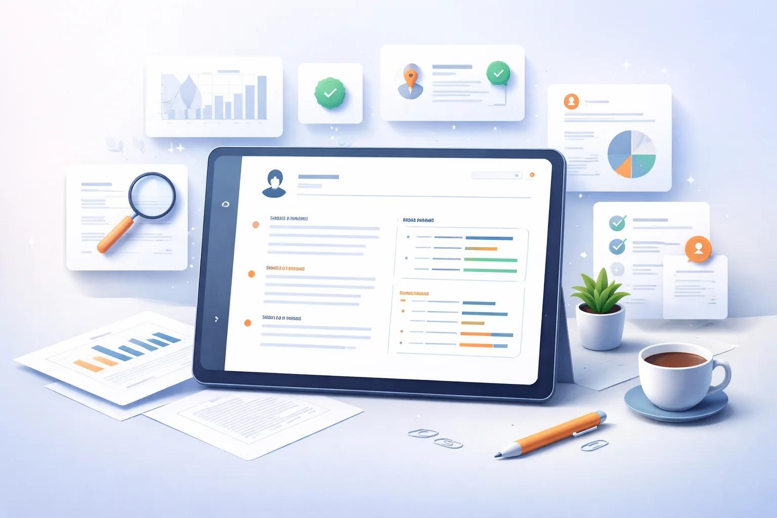 Clean, evidence-based resume template on tablet with metrics and data visualization