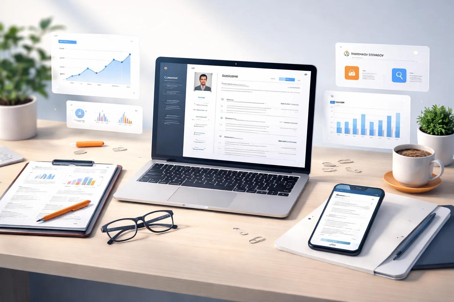 Organized desk with resume, market research notes, and laptop—representing the three pillars of job search strategy in 2026.