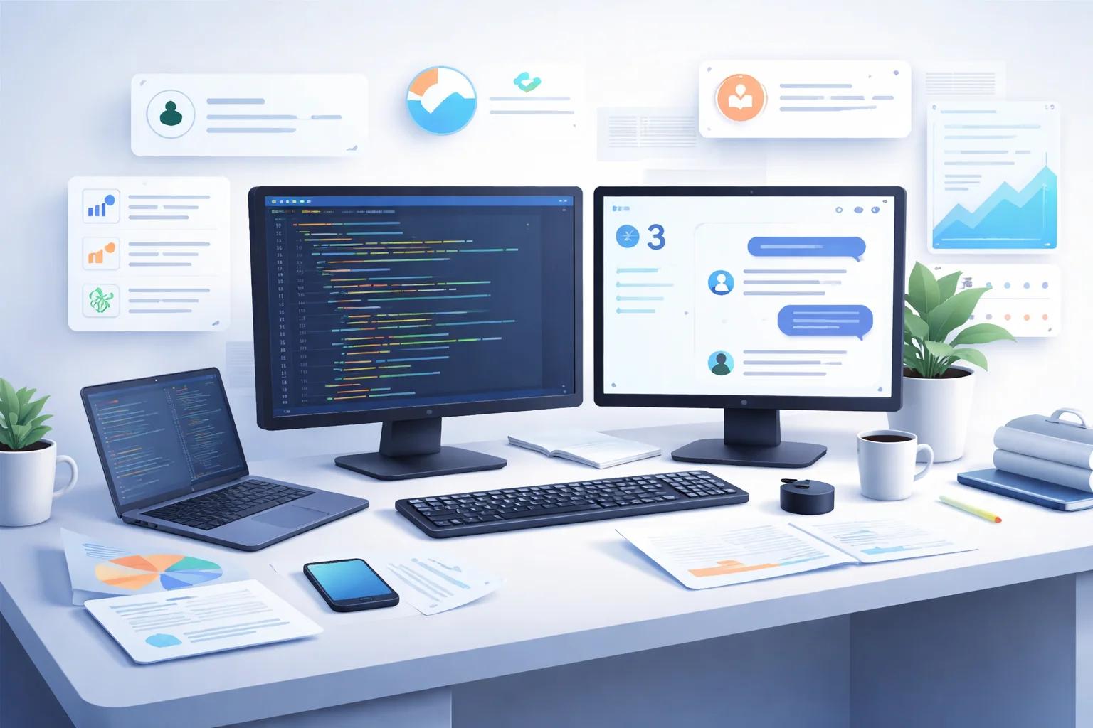 Engineer at desk with code editor and AI chat window visible on screens